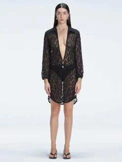 Althea Black Long Sleeve Lace Mini Kaftan