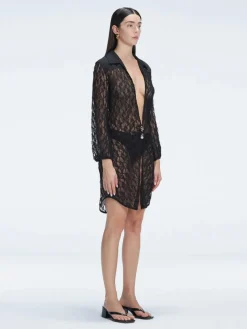 Althea Black Long Sleeve Lace Mini Kaftan