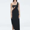 Coraline Black One Shoulder Asymetrical Maxi Dress