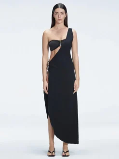 Coraline Black One Shoulder Asymetrical Maxi Dress