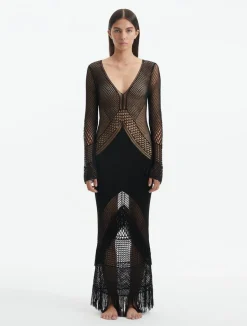 Elba Black Long Sleeve Knit Fringe Maxi Dress