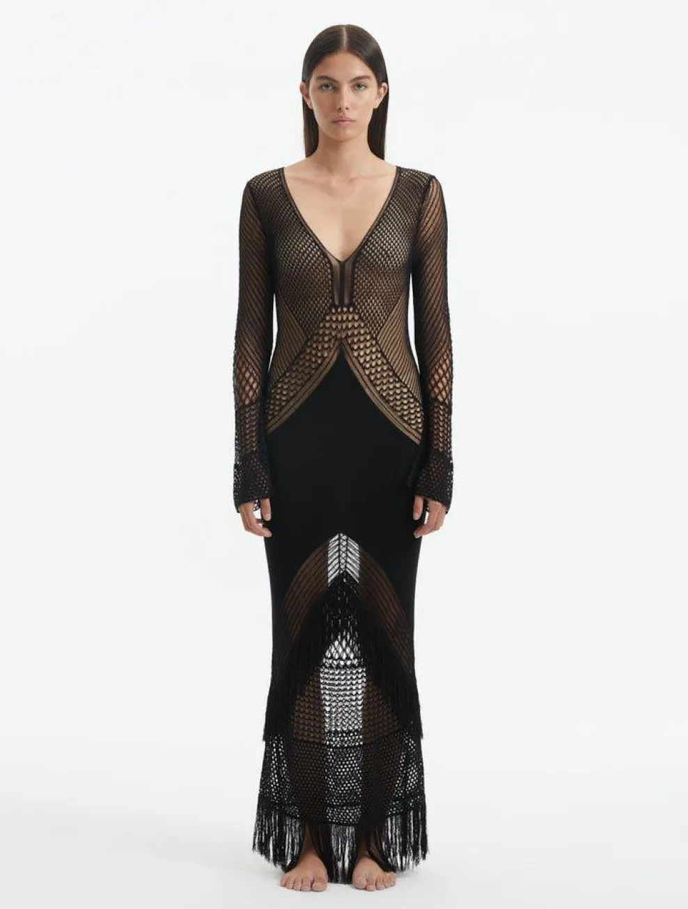 Elba Black Long Sleeve Knit Fringe Maxi Dress