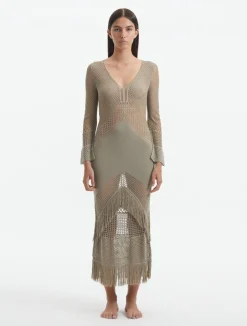 Elba Khaki Long Sleeve Knit Fringe Maxi Dress