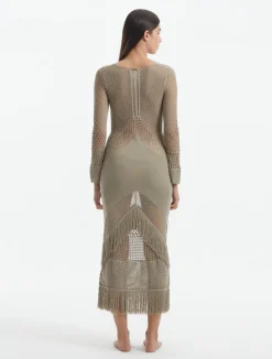 Elba Khaki Long Sleeve Knit Fringe Maxi Dress