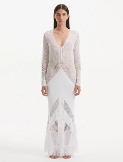 Elba White Long Sleeve Knit Fringe Maxi Dress