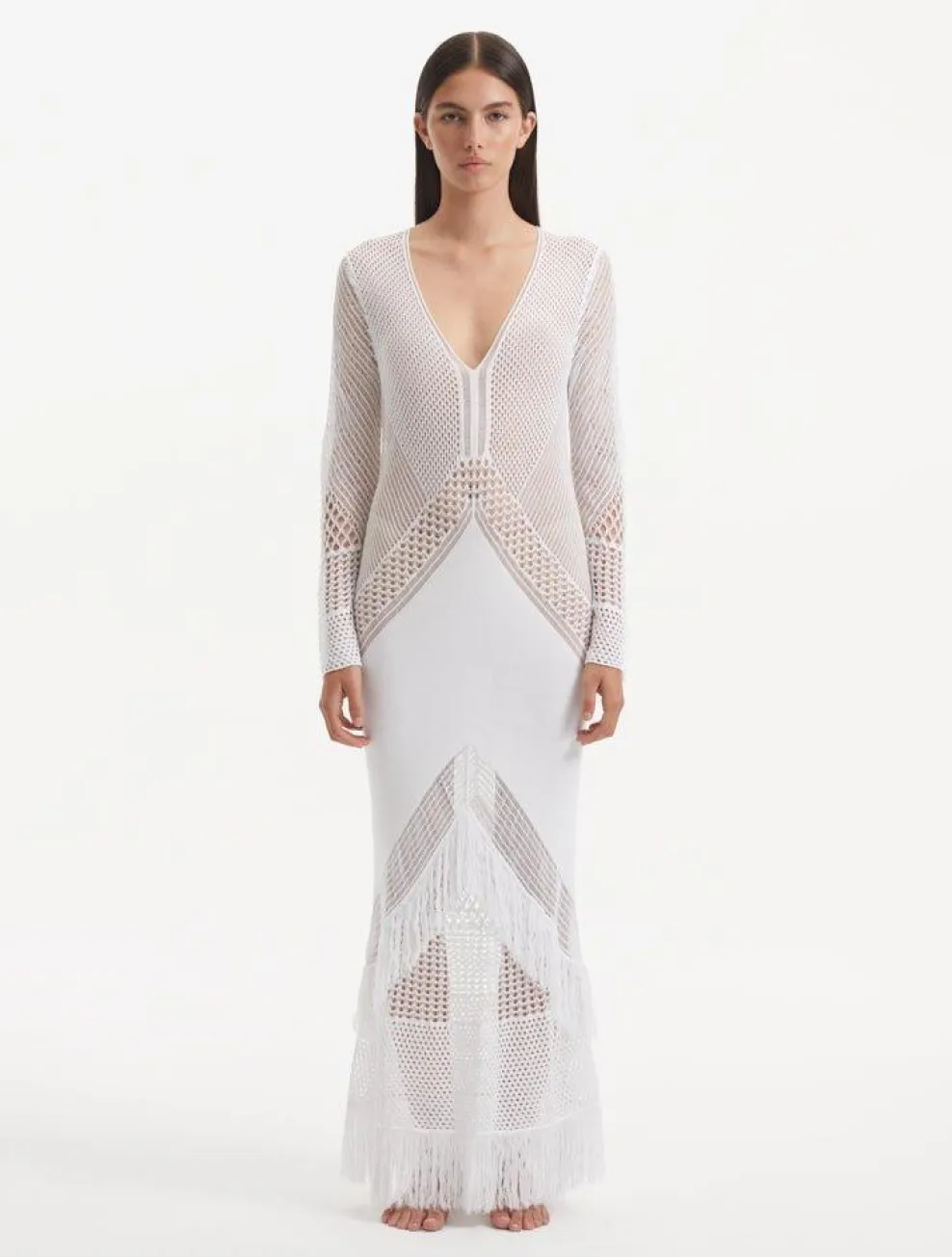 Elba White Long Sleeve Knit Fringe Maxi Dress