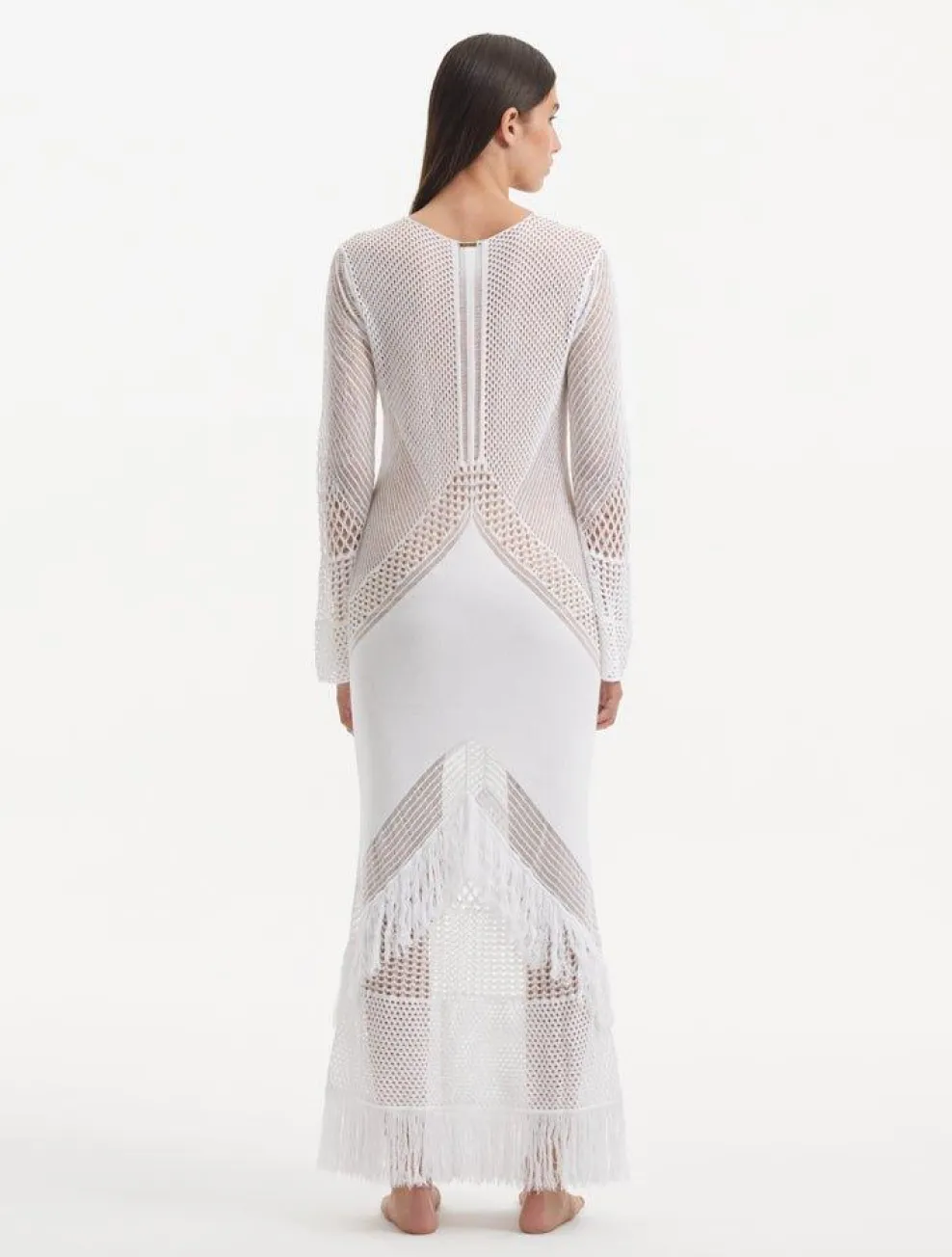 Elba White Long Sleeve Knit Fringe Maxi Dress