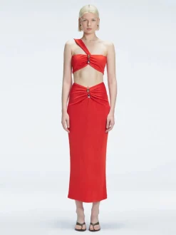 Esmeralda Red Textured Midi Skirt