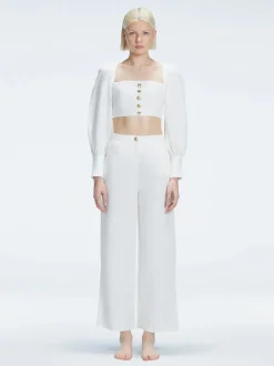 Gemma White Linen Square Neck Long Sleeve Crop Top