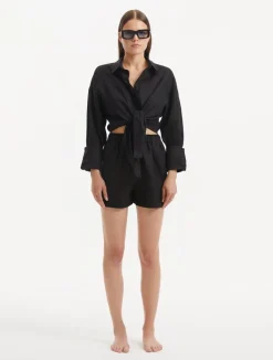 Hanson Black Long Sleeve Linen Tie Front Shirt
