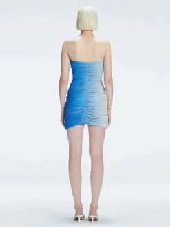 Marsiela Blue Optical Bandeau Draped Mini Dress